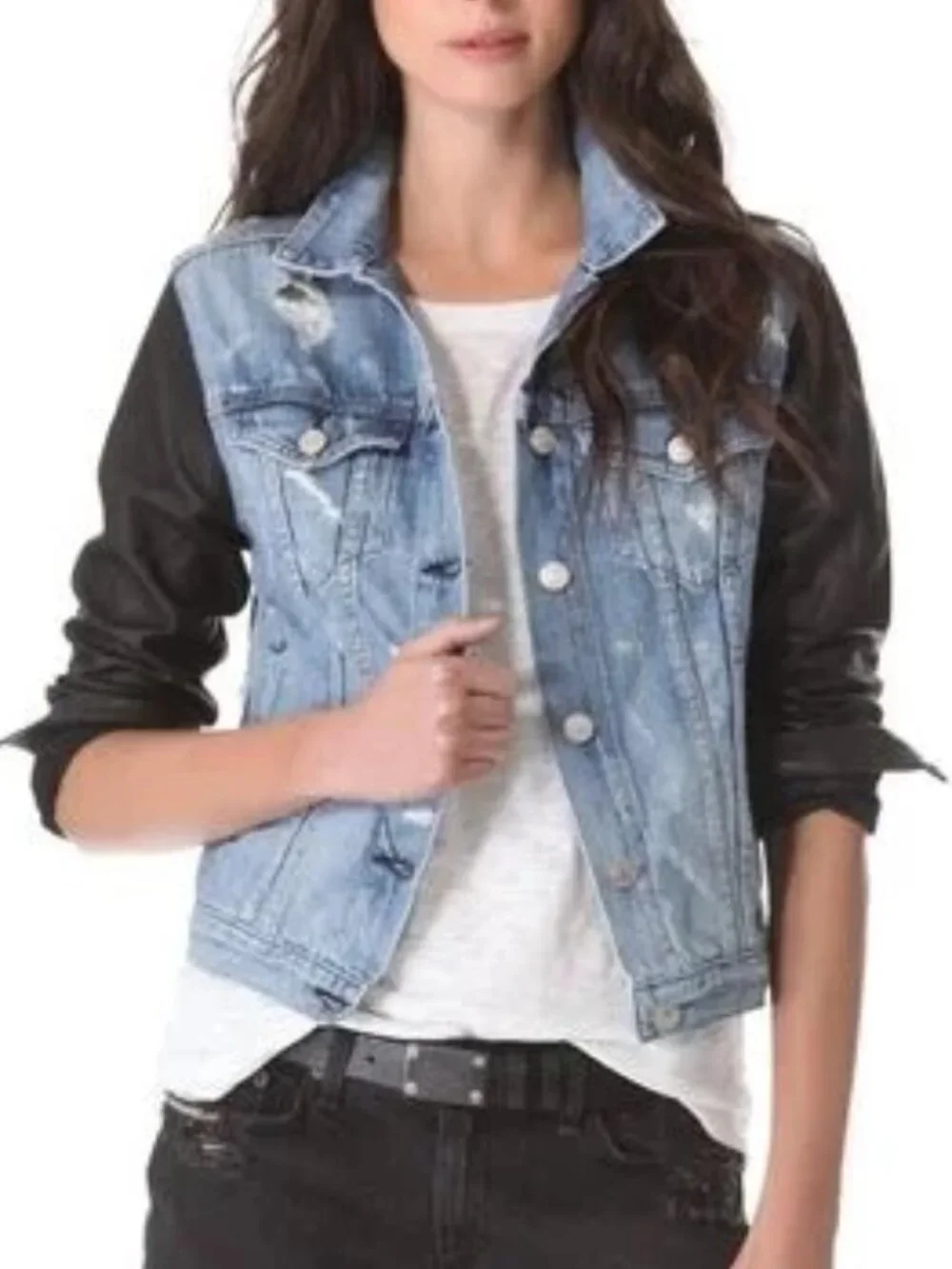 Rag & Bone Women's The Jean Jacket w/ Black Lamb Leather Sleeves M - Picture 2 of 7
